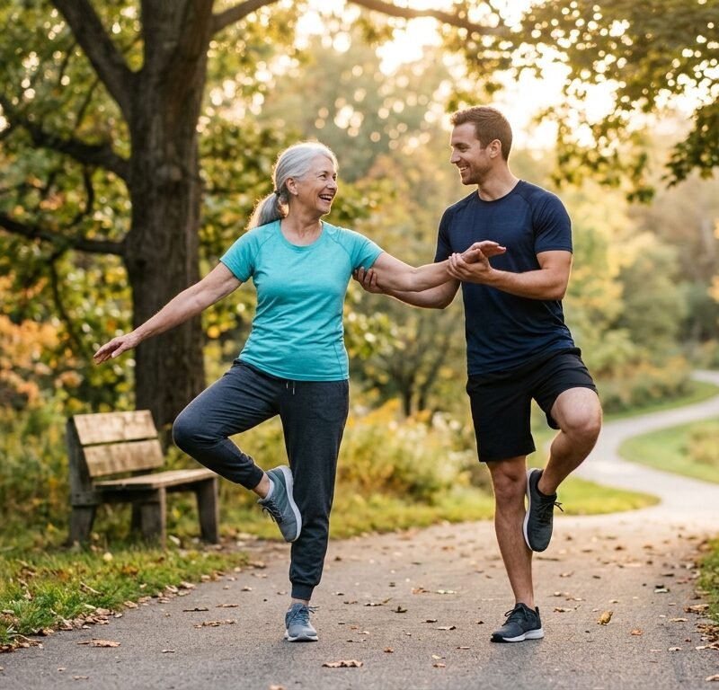 Vivere più a lungo - Donna e uomo over 50 che si allenano per migliorare salute e benessere