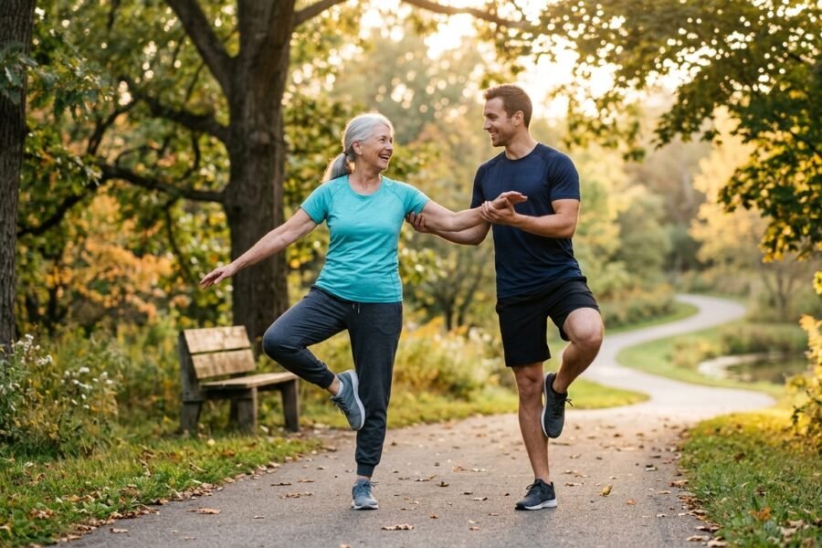 Vivere più a lungo - Donna e uomo over 50 che si allenano per migliorare salute e benessere